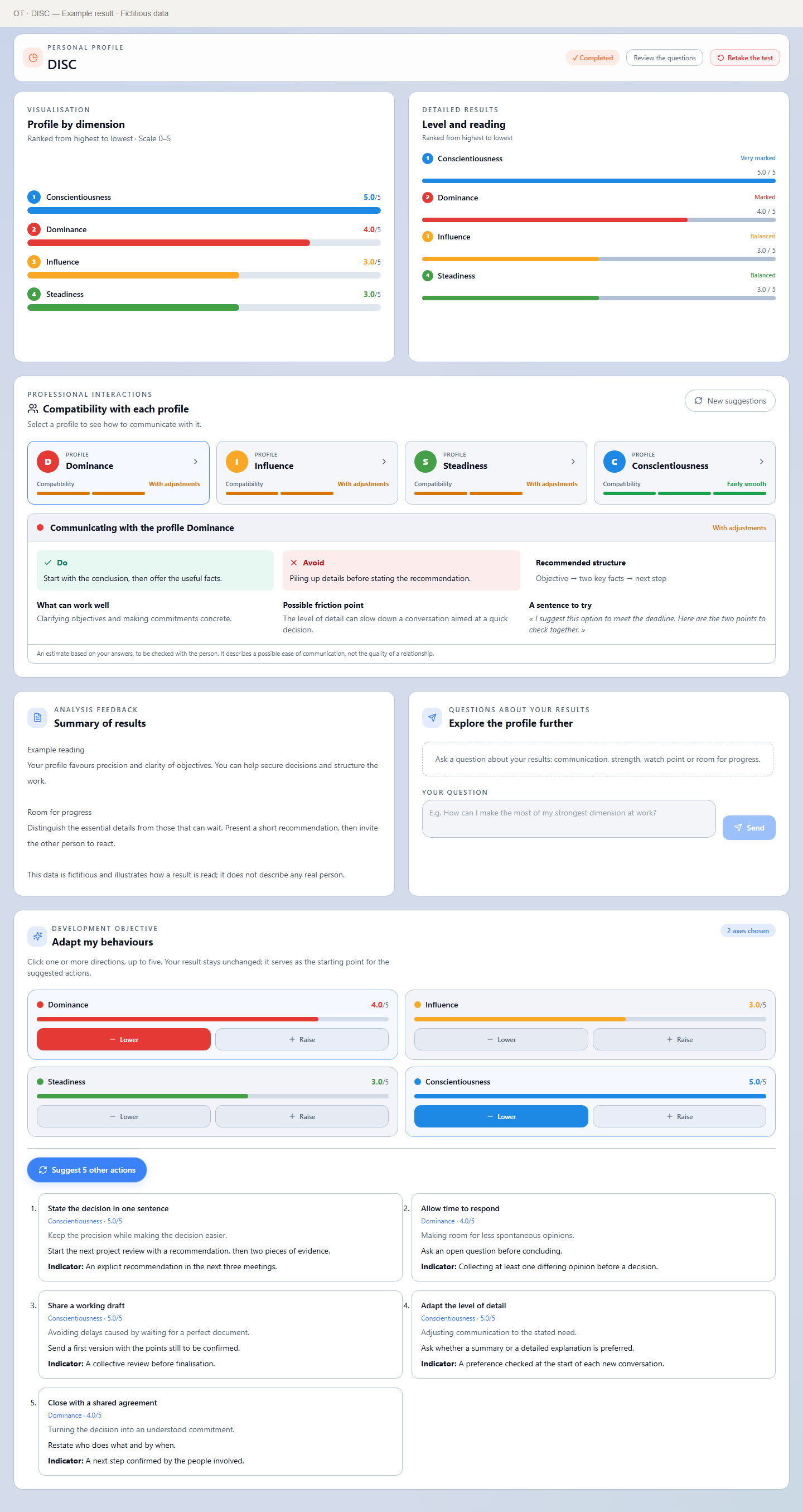 DISC example in the actual interface: scores by dimension, compatibility guidance, summary and five improvement actions