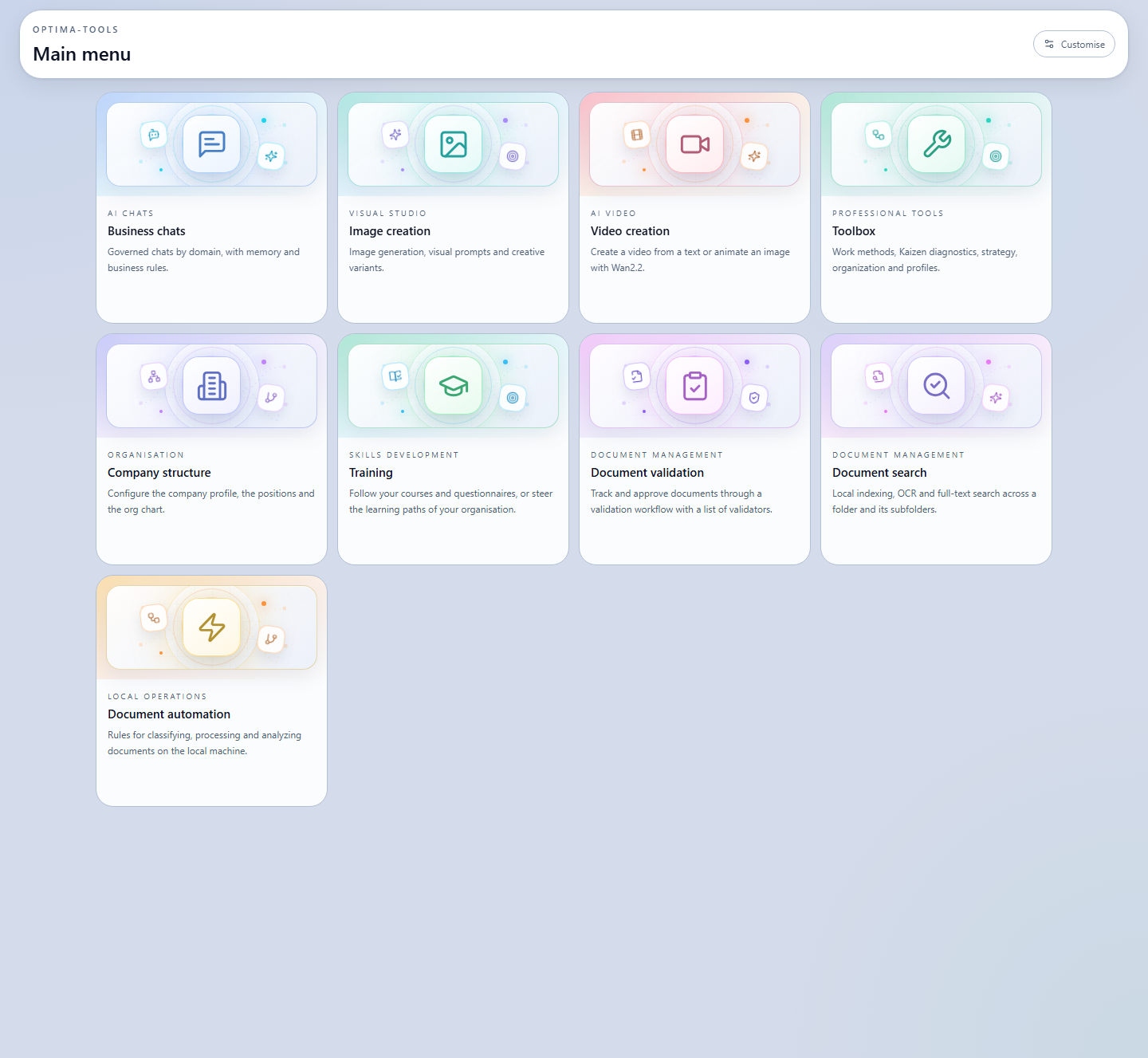 Complete, up-to-date main menu of the Optima-Tools application with its nine modules