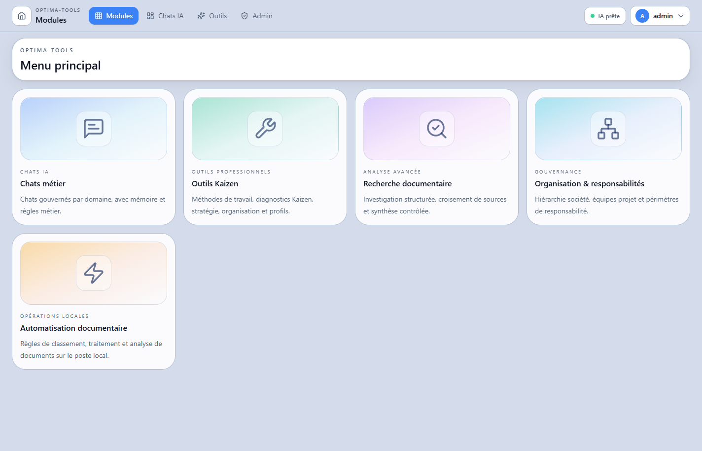Interface réelle Optima-Tools : menu principal connecté avec modules, chats IA, outils et administration.